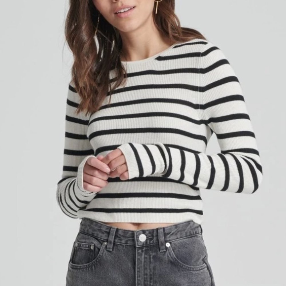 Naadam Striped Long Sleeve Cropped Ribbed Top XS